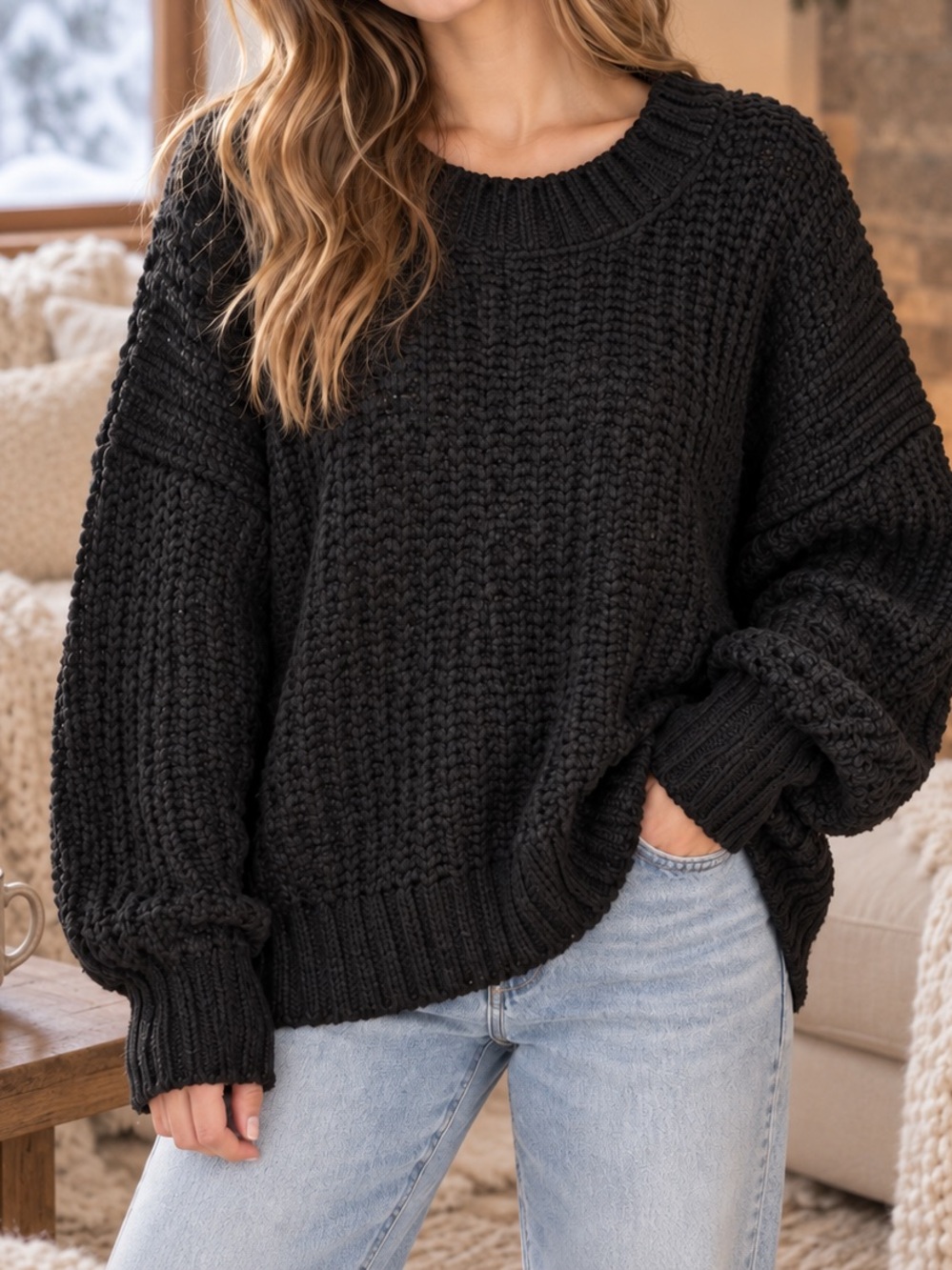 OFFLINE by Aerie Oversized Chunky Knit Sweater Black Size Large